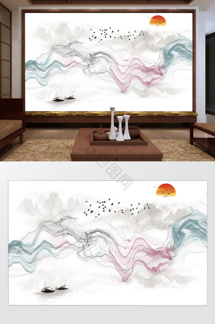 新中式写意水墨山水船抽象线条电视机背景墙图片