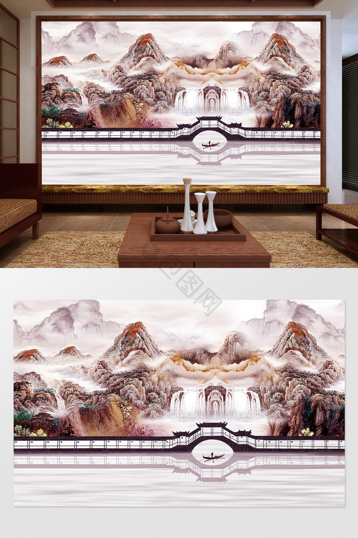 中式意境山水抽象背景墙图片