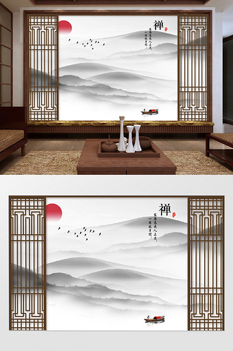 新中式禅意中国风屏风水墨山水电视机背景墙图片