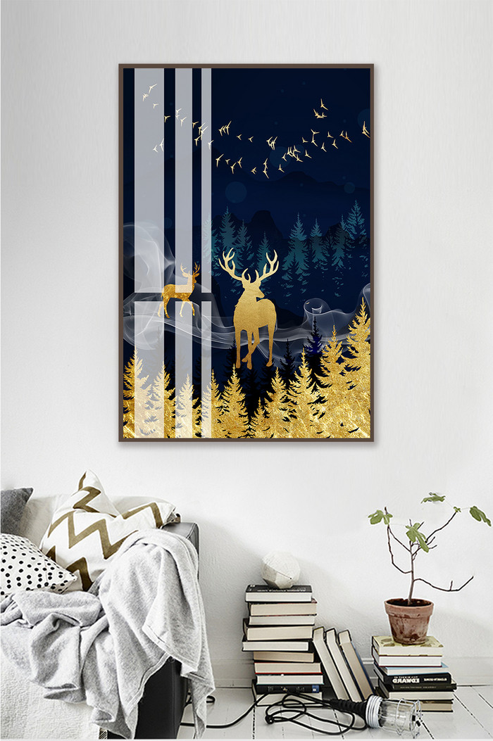 北欧抽象麋鹿山水风景晶瓷装饰画图片