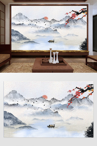 新中式个性水墨意境山水画背景墙图片