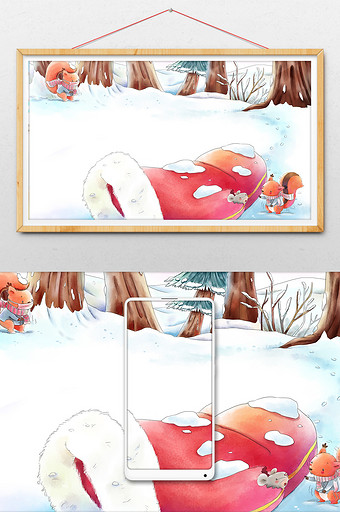 手绘水彩插画风格冬天下雪的小松鼠图片
