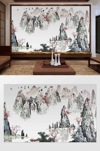 中国风工笔水墨山水漓江渔舟背景墙图片
