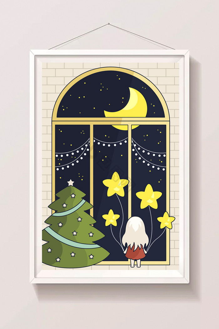 治愈系圣诞橱窗女孩圣诞节插画图片
