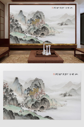 中国风水墨手绘国画山水背景墙