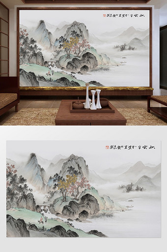 中国风水墨手绘国画山水背景墙图片