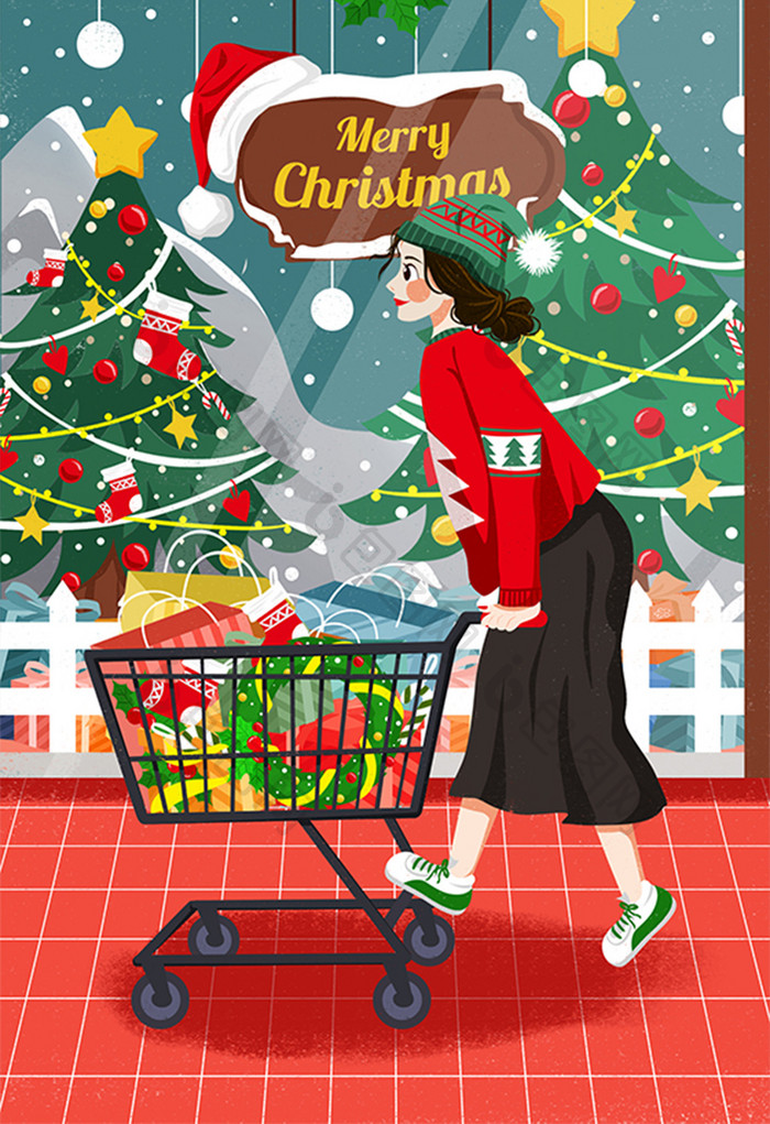 西方节日圣诞节插画女孩商场购圣诞装饰插画
