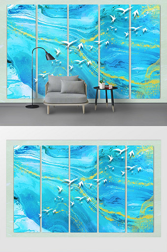 现代简约抽象意境山水水彩飞鸟电视背景墙图片