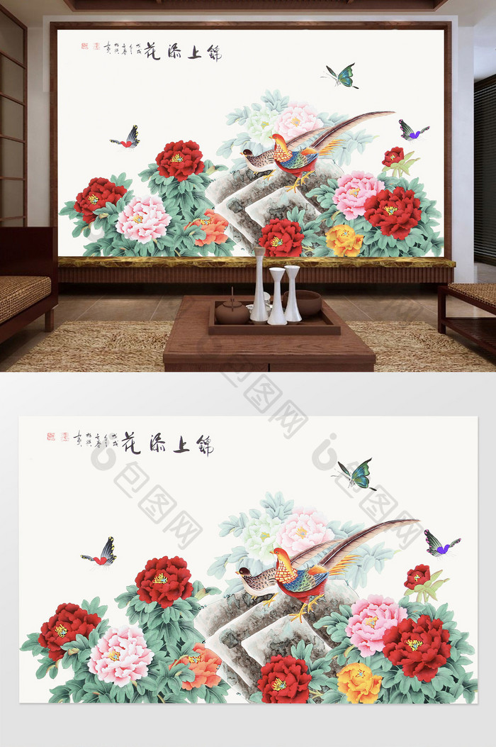 中国风水墨手绘花鸟牡丹花开背景墙