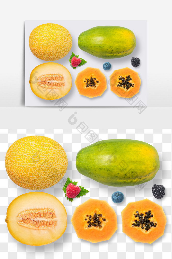 哈密瓜木瓜水果元素PNG文件水果抠图