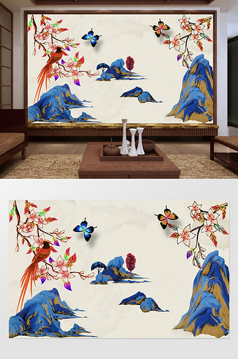 新中式抽象山蝴蝶背景墙图片