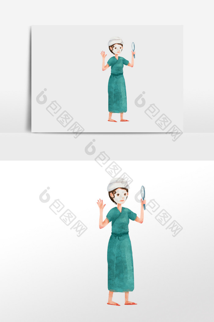水彩手绘元素穿浴袍围着头敷面膜照镜子的女