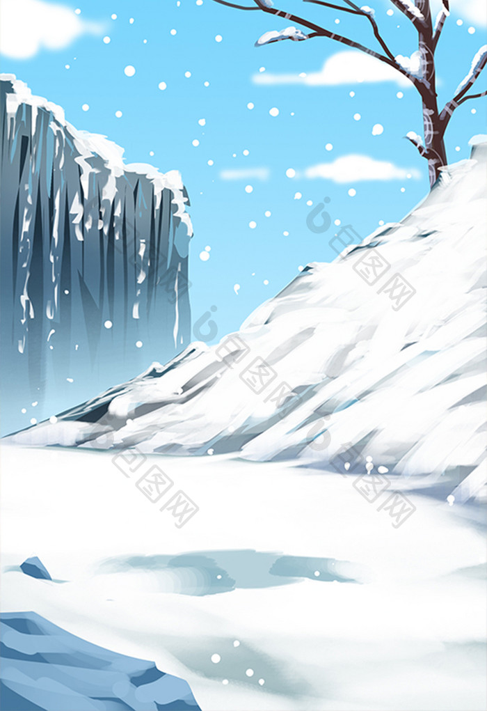 手绘漂亮雪路景色插画元素