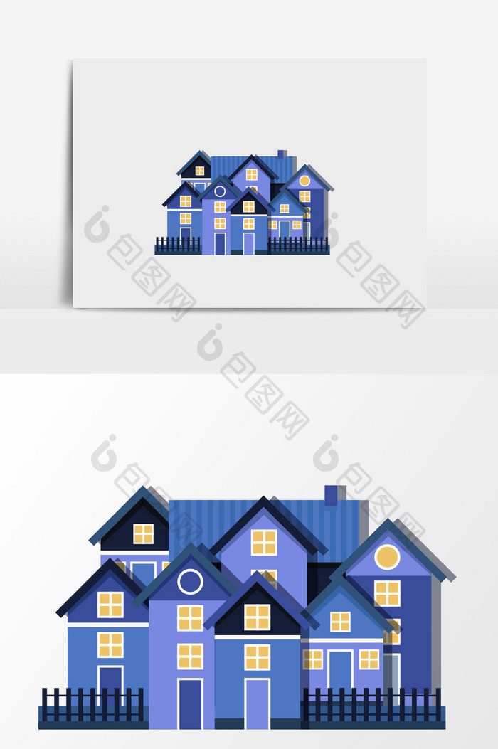 手绘蓝色大房屋插画元素