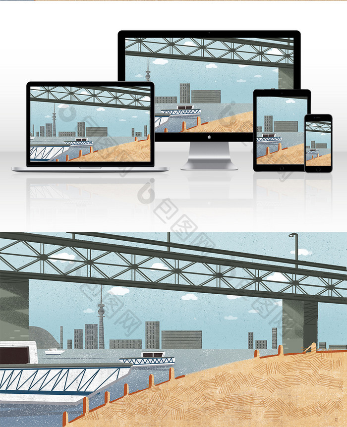 手绘大桥下面插画元素