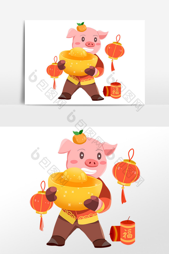 新年小猪吉祥物抱大元宝手绘插画