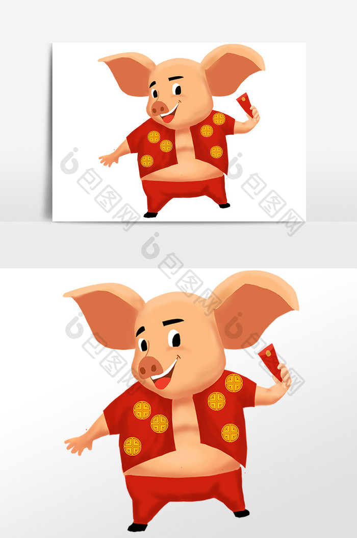手绘新年小猪吉祥物发红包插画