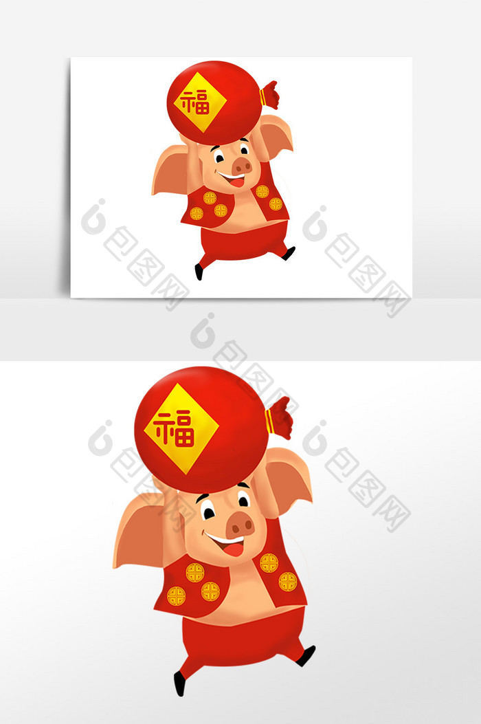 新年小猪吉祥物抱福袋手绘插画