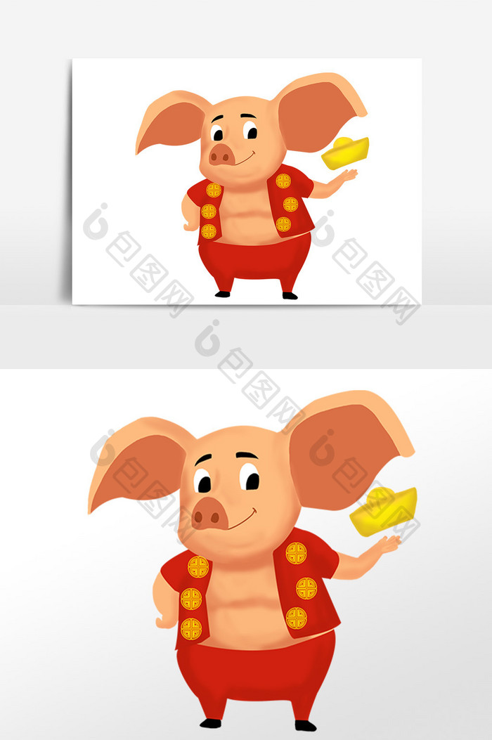 新年小猪吉祥物据元宝手绘插画
