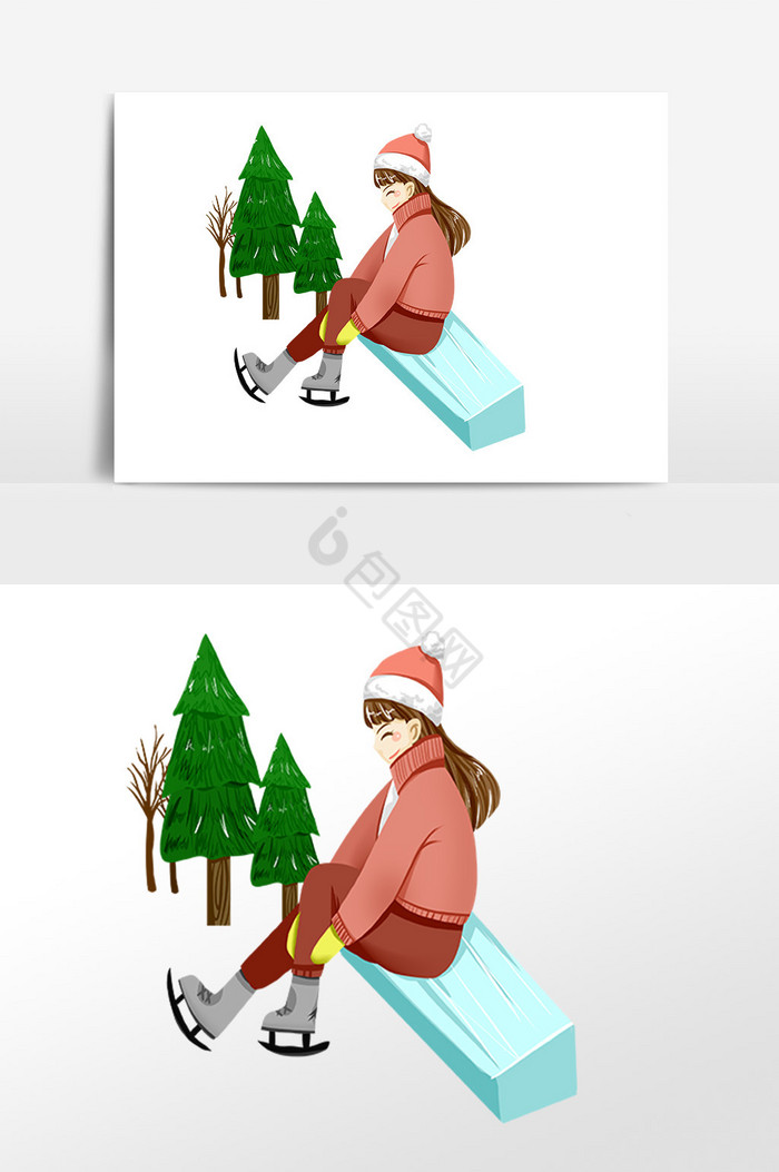 冬季女孩雪地滑雪插画图片