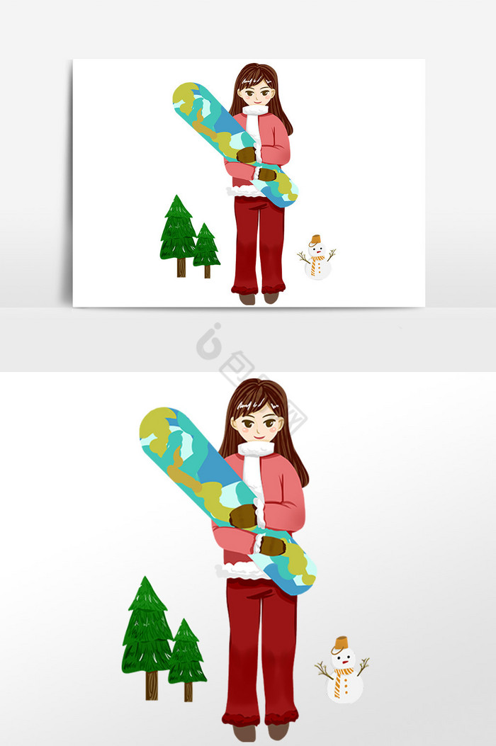 女孩雪地滑雪插画图片