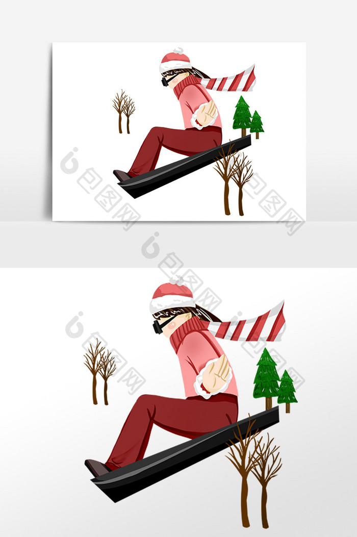 手绘圣诞节女孩滑滑雪板插画素材