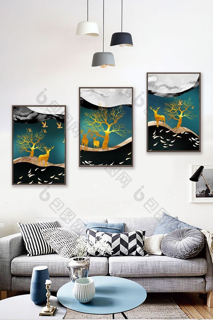 北欧晶瓷森林麋鹿鱼群飞鸟装饰画图片图片