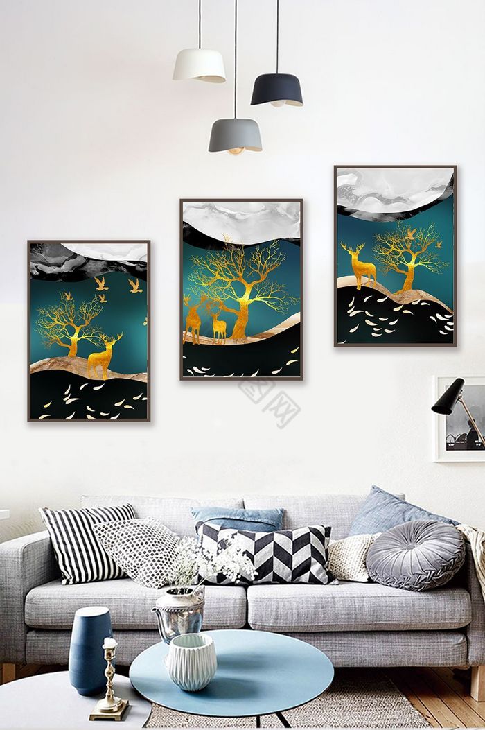 北欧晶瓷森林麋鹿鱼群飞鸟装饰画图片