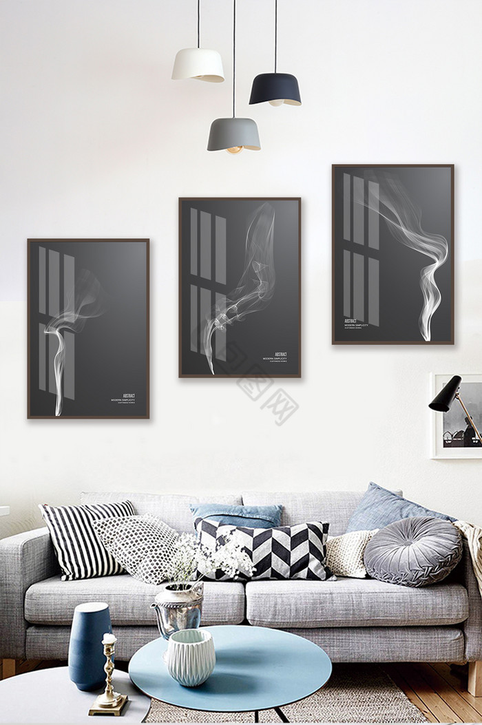 现代简约晶瓷抽象烟雾图案三联装饰画图片