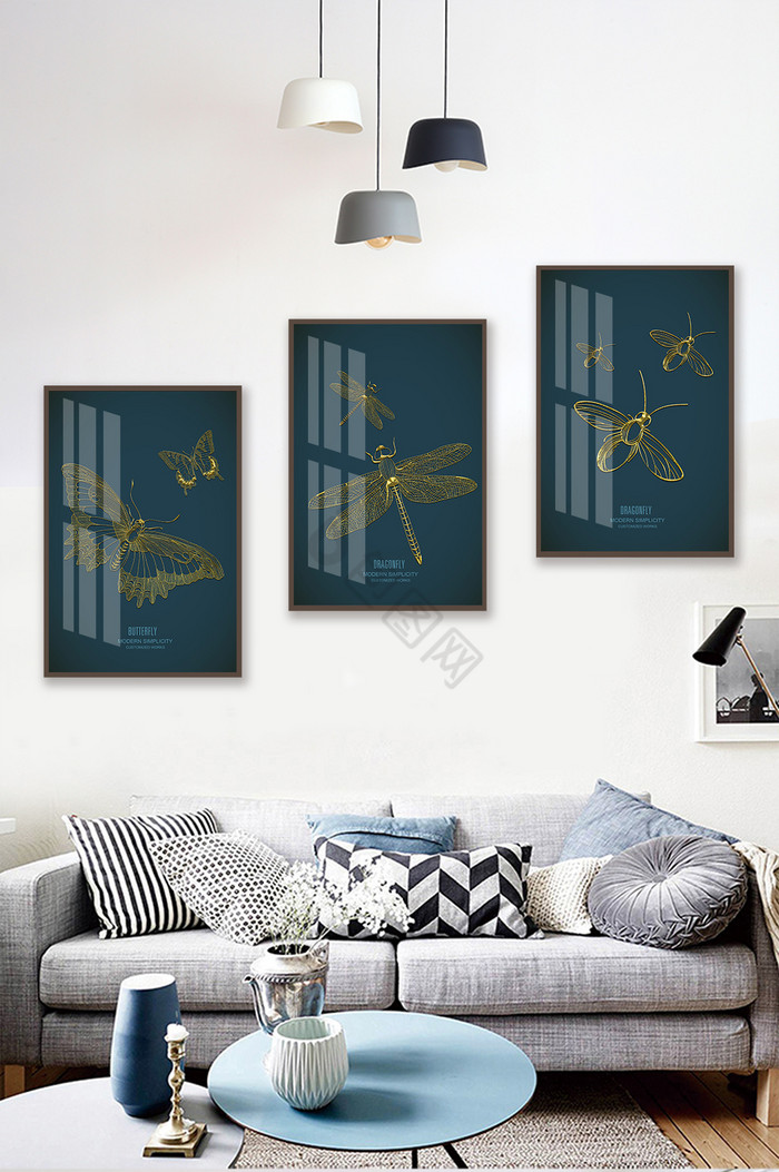 现代简约晶瓷抽象昆虫图案三联装饰画图片