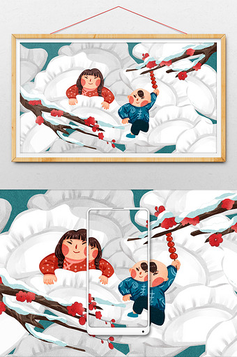 白色可爱中国风春节吃饺子插画图片