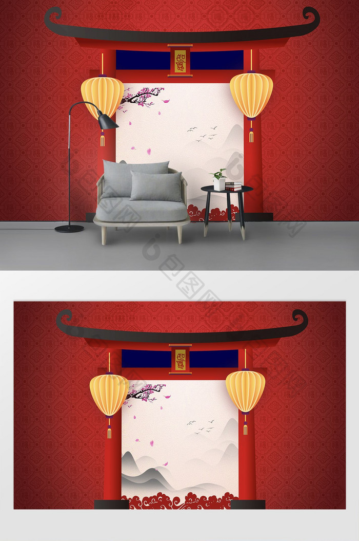 红色传统新春影楼婚纱写真背景墙