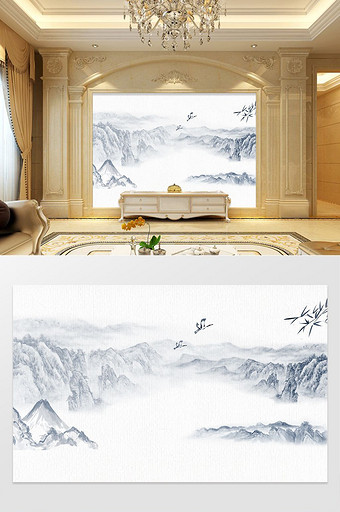 山水国画抽象水墨风景背景墙图片