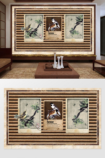 新中式创意复古画框小鸟定制背景墙图片