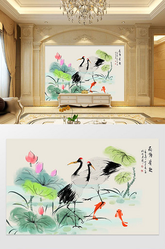中国风水墨手绘花鸟荷塘仙鹤背景墙图片