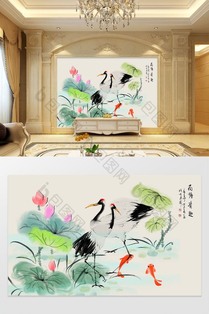 中国风水墨手绘花鸟荷塘仙鹤背景墙