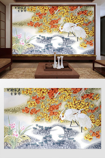 新中式水墨手绘白鹤枫叶背景墙图片