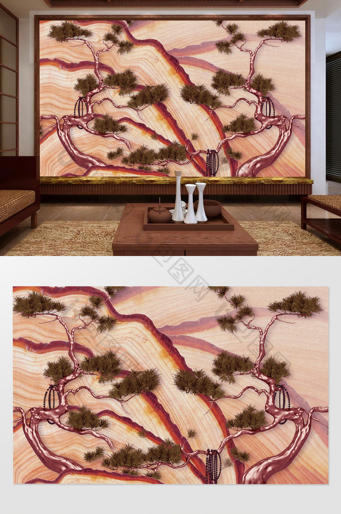 中式松树木纹背景墙