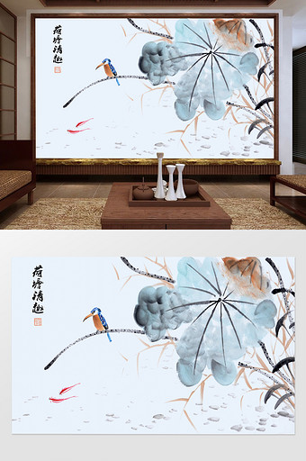 中国风水墨手绘花鸟荷塘清趣电视背景墙图片