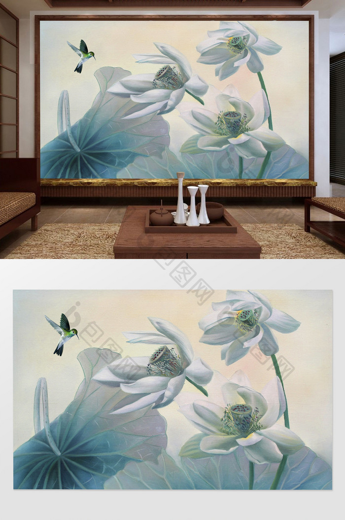 新中式小清新油画手绘花鸟荷花背景墙