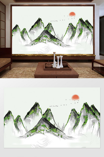 中式意境抽象水墨山水客厅背景墙定制图片