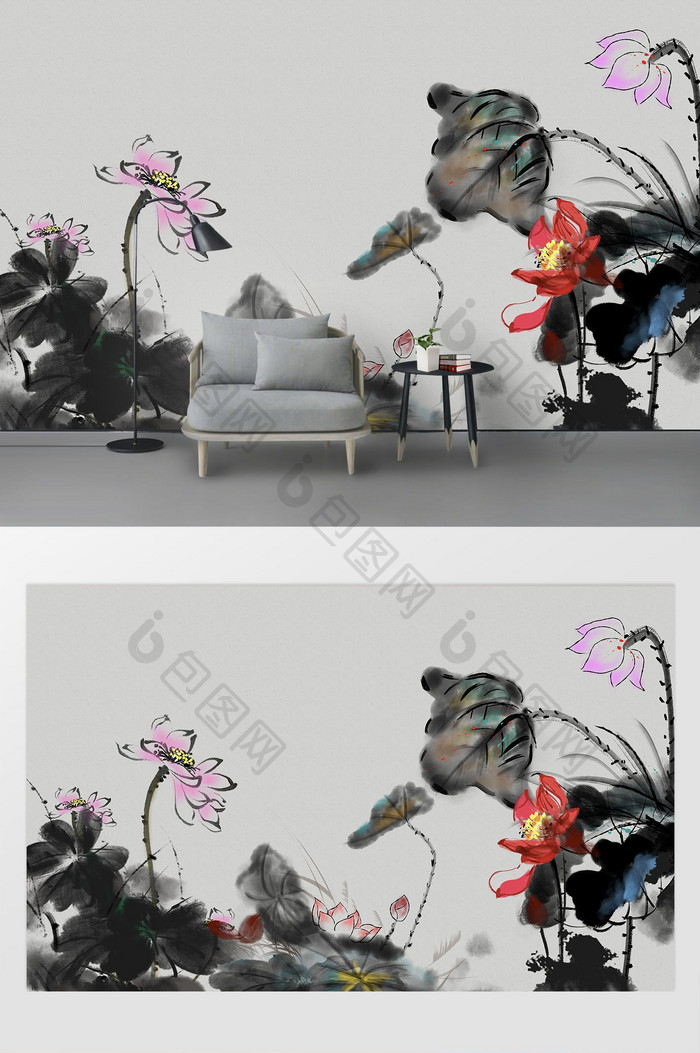 中国风手绘抽象水墨油画荷花背景墙