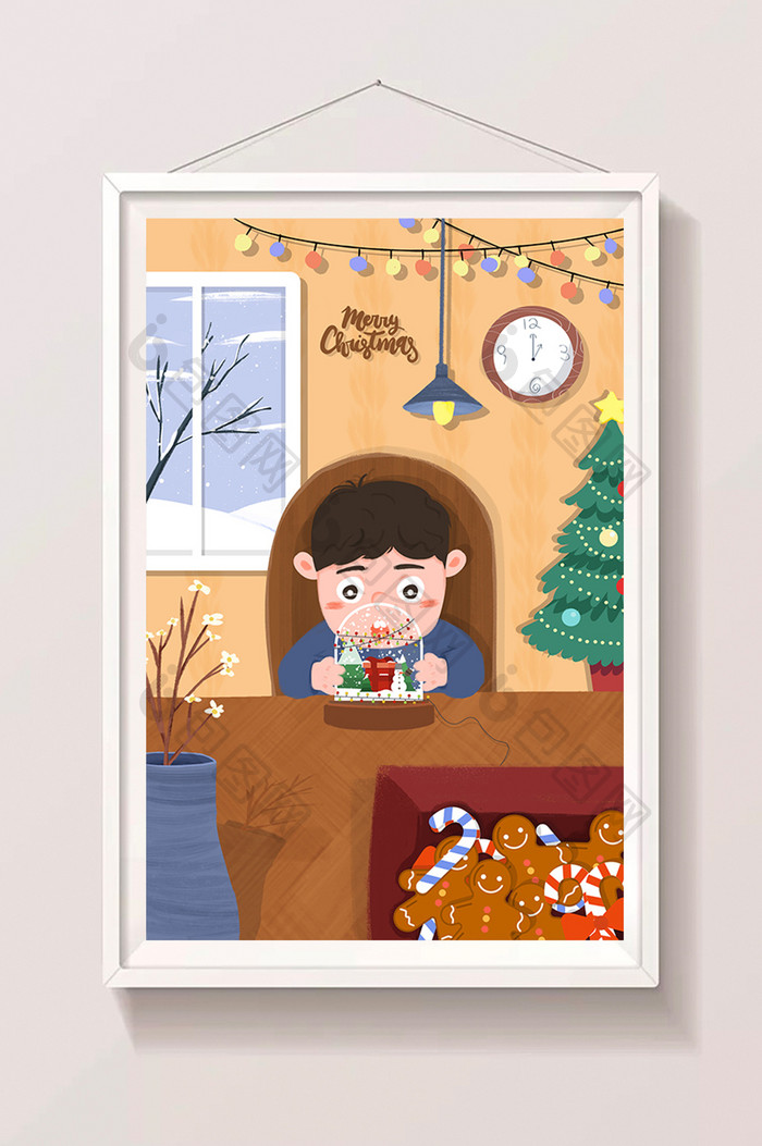 卡通清新冬日圣诞节小孩家庭温馨插画