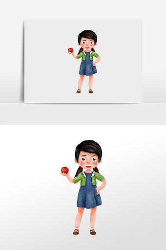 水彩手绘元素站立的拿着苹果的小女孩图片