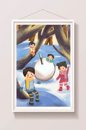 立冬冬季森林儿童堆雪人卡通手绘插画