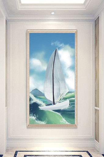 现代手绘高清一帆风顺船飞鸟玄关装饰画图片