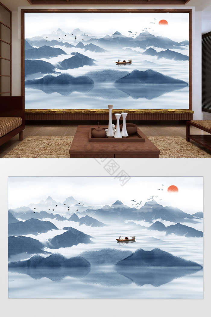 新中式意境水墨山水飞鸟船电视背景墙图片