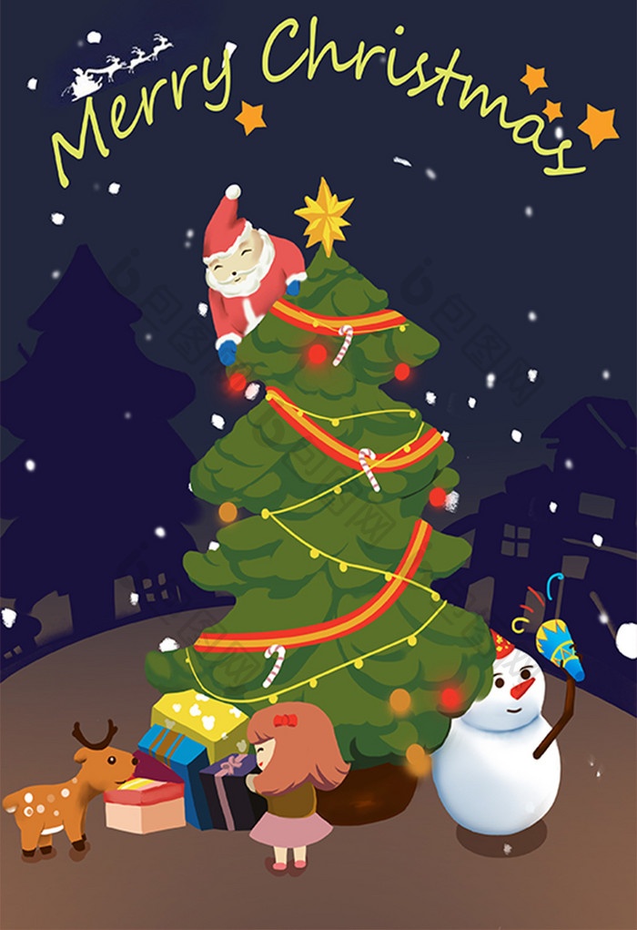 圣诞节圣诞树雪人卡通海报插画