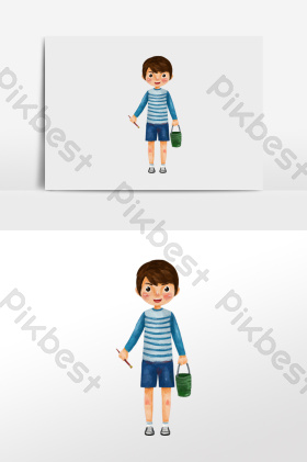 提着水桶拿着画笔站立的小男孩