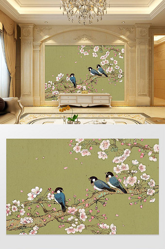 中国风简约复古手绘花鸟电视背景墙图片
